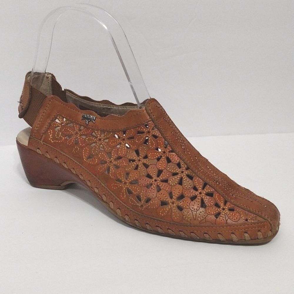 Pikolinos Floral Laser Cut Tan Leather Slingback Sandals US 6 Boho Summer Chic - Picture 1 of 15